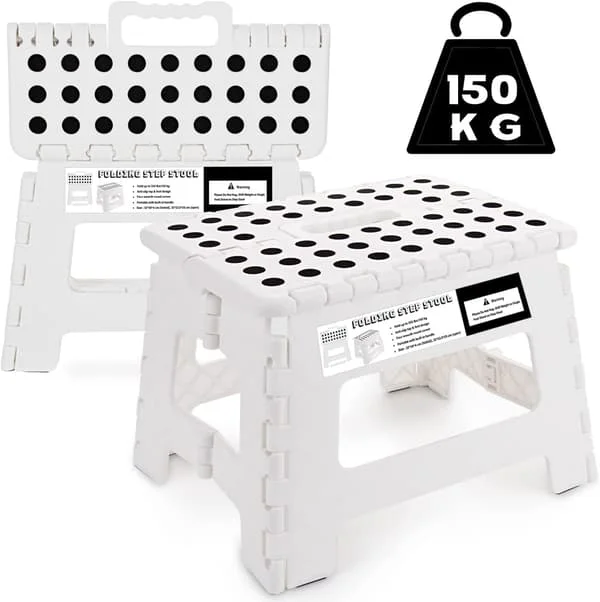 【DT】9-tommers sammenleggbar krakk - Kraftig sammenleggbar plastkrakk for kjøkken, bad, utendørsaktiviteter (hvit)