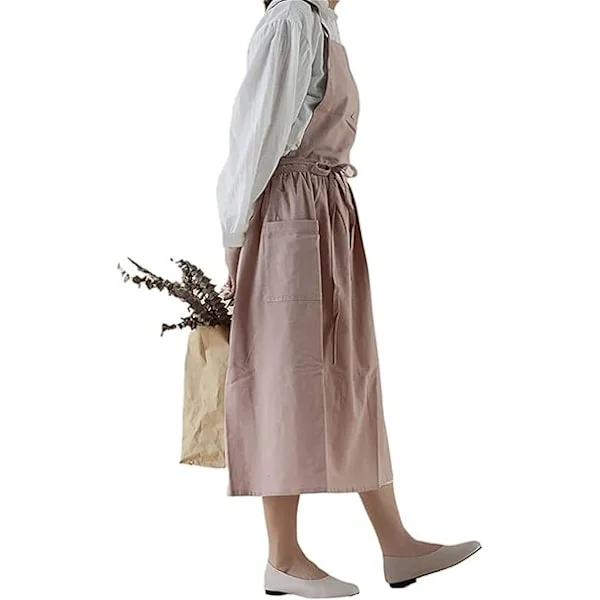 Cotton Solid Apron Dress with Pockets Crisscross Back Casual Bib Aprons Cooking Gardening Cafe