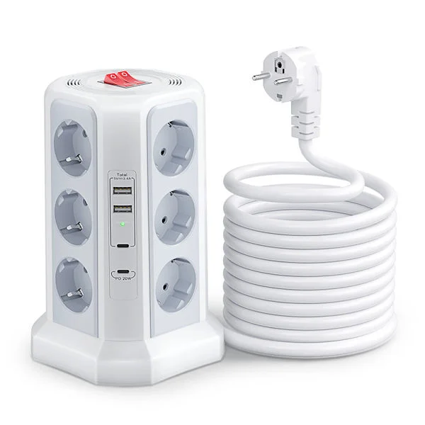 Power strip with switch, power strip tower with 12 outlets and 4 USB (2 USB-A & 2 USB-C), 1.5 m cable for home and office - white
