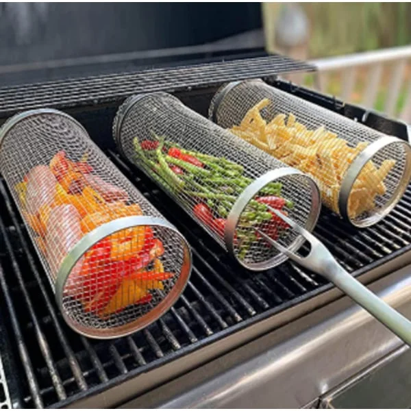 Grillkurv i rustfritt stålnetting, sylinderformet, 30 cm