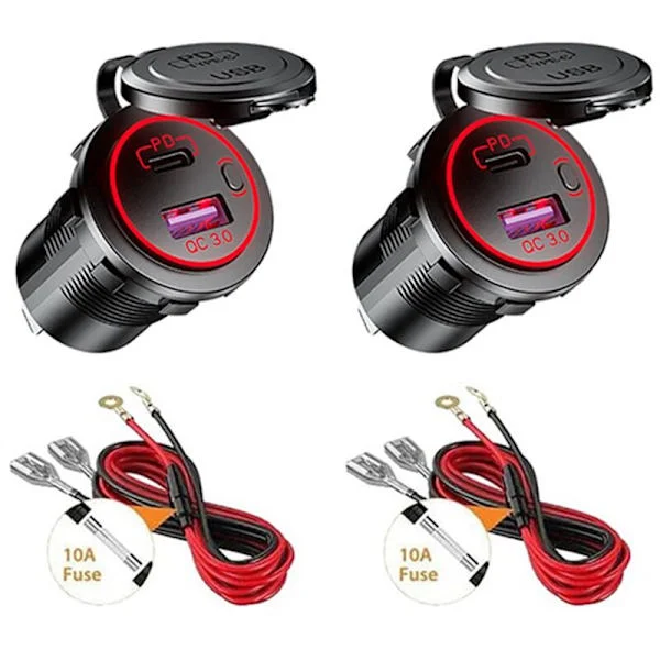 2X USB PD Type C & QC 3.0 Billader 12V Uttak med PÅ/AV-bryter for Motorsykkel RV ATV, Rød