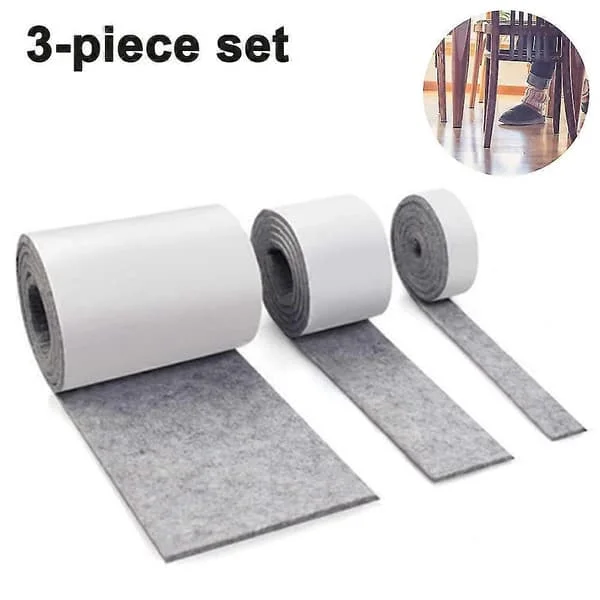 Grå 3 ruller selvklebende filt for møbler (100cm * 10cm + 100cm * 5cm + 100cm * 2cm) Klipp valgfri form, sterkt selvklebende glidematte, for stol