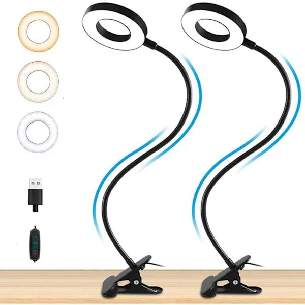 (2-pak) Læselamper med klemmer, 3 farver 10 lysstyrker, USB-kontorlampe 48 LED, 360° fleksibel svanehalsklemme, klemmelampe til bog og øjne