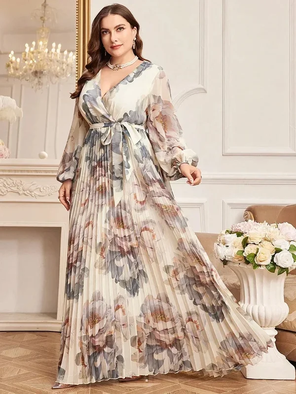 AliExpress - Gündelik Zarif V Yaka Uzun Kollu Kuşaklı Parti Maxi Elbiseler 2024 Yeni Yaz kadın Artı Boyutu Çiçek Baskılı Maxi Elbise