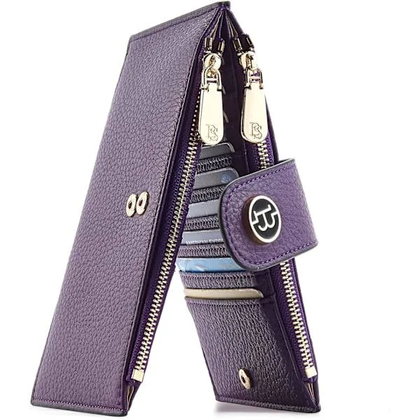 Leather Wallets for Women RFID Blocking Slim Bifold Wallet Card Holder with Zipper Pocket Purple