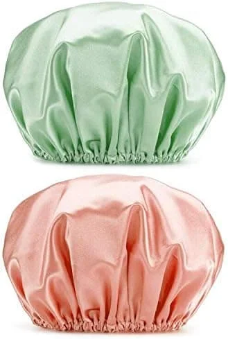 32 cm Large Shower Caps, 2 Reusable Shower Caps for Women, Elegant Elastic Spa Caps, Double-Layer Bathing Caps for Adults with Long Hair