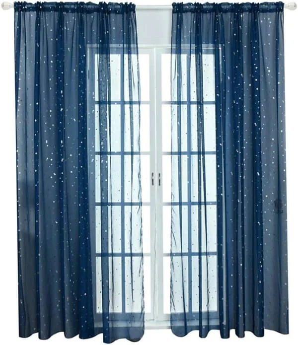 Stjerne Tyl Gardiner, Tynde Stjerne Gardiner til Soveværelse Glitter Stjerne Voile Gardin Panel (100x200CM, Marineblå)