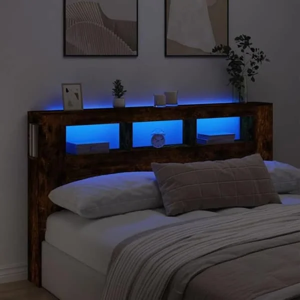 vidaXL LED-sänggavel, panel med förvaring, sängtillbehör, sänggavel för sängram i sovrummet, rökt ek 837362