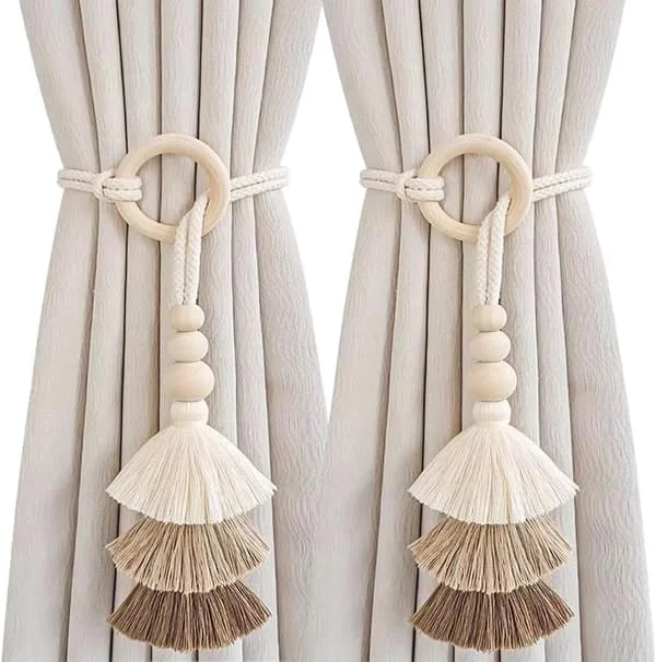 2 Bohemian Curtain Tie-Backs - Wooden Beads and Tassels - Natural Color - Drill-Free Decoration for the Bedroom