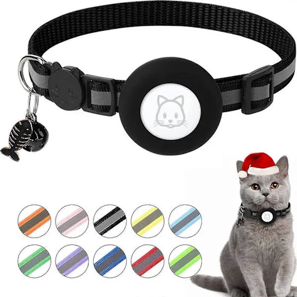 Justerbara Airtag Halsband för Katt GPS Reflexhalsband med Airtag Hållare Säkerhetsspänne och Bjällra & Fiskbenshänge