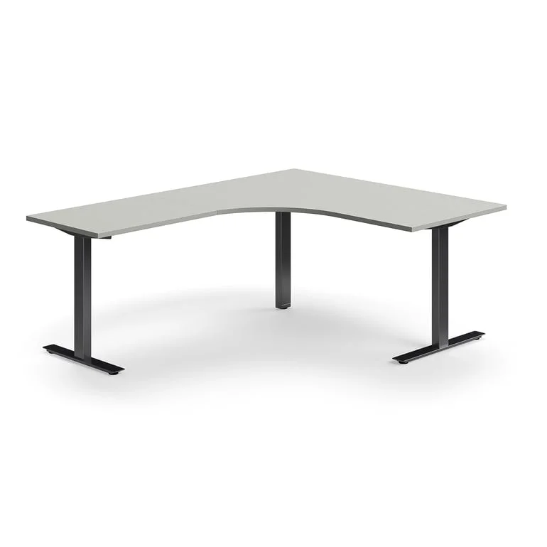 Desk QBUS, L-shaped, 1600x2000 mm, T-frame, black frame, light grey