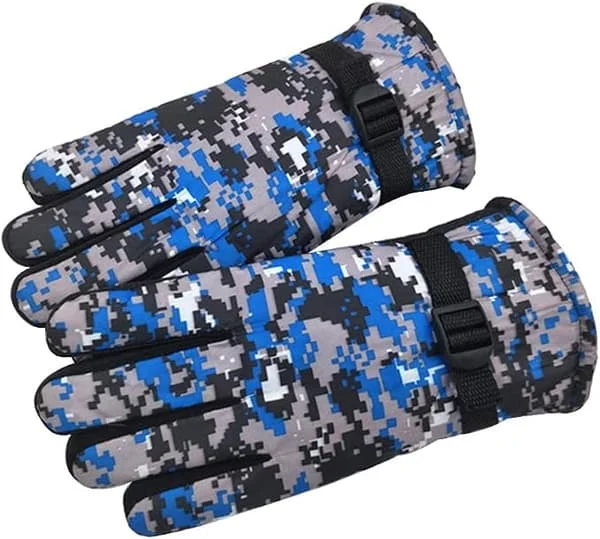 Waterproof Camouflage Winter Gloves for Kids, Warm Outdoor Ski Gloves, Blue