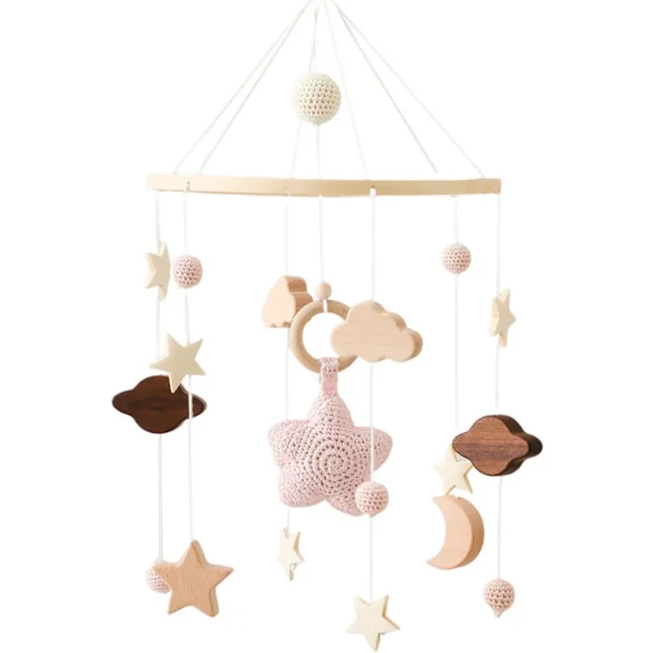 Babymobil i trä med filtkulor och moln, hängande dekoration för barnrum (rosa) Rosa Pink
