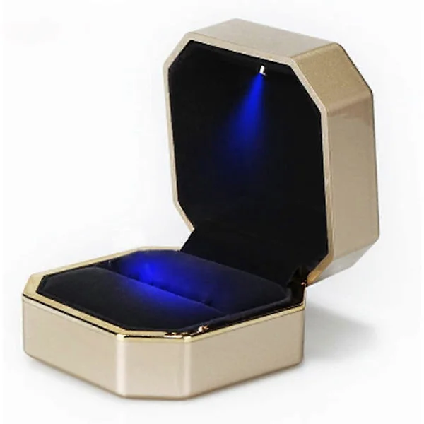 Luxury Ring Box, Square Velvet Wedding Ring Case Jewelry Gift Box with LED Light for Proposal Engagement Wedding, Gold