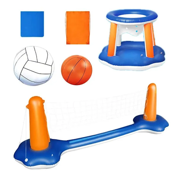 Uppblåsbar Pool Float Set med Volleybollnät och Basketkorgar Flytande Pool Simspel Leksaker för Barn och Vuxna Vattensportsset