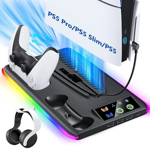 wxsp PS5/Slim/Pro Kylnings- och Laddningsstation med Kylfläkt, PS5/Slim/Pro Ställ för Skiv- och Digital Konsol, PS5 Handkontroll Laddare, PS5 