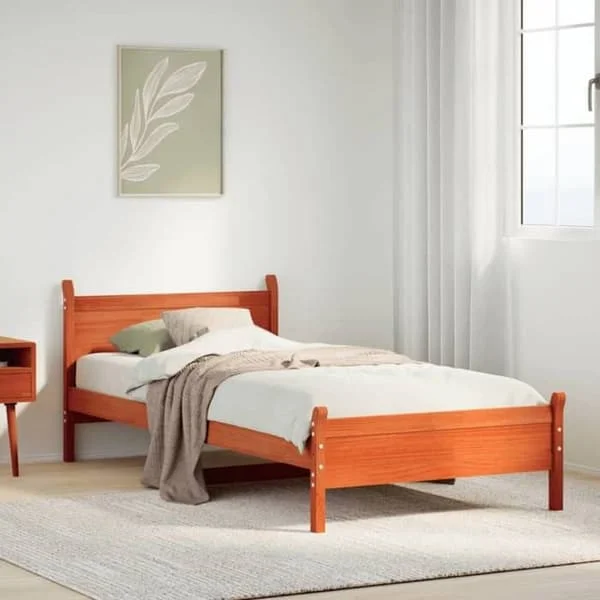 vidaXL Sängram utan madrass vaxad brun 100x200cm massiv furu, sovrumsmöbel, sänggavel, säng i trä, 855599