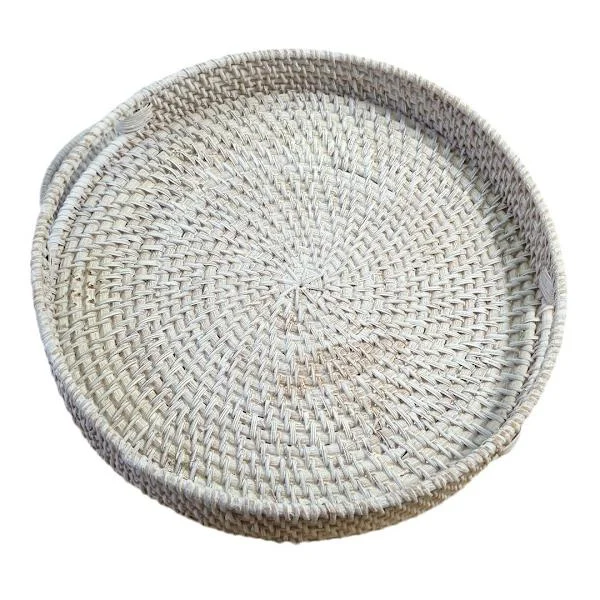13.8 inch Round Rattan Tray, Decorative Tray Table, Ottoman Tray, Woven Serving Tray with Handles, Wicker Serving Basket, White Painted 13.8in