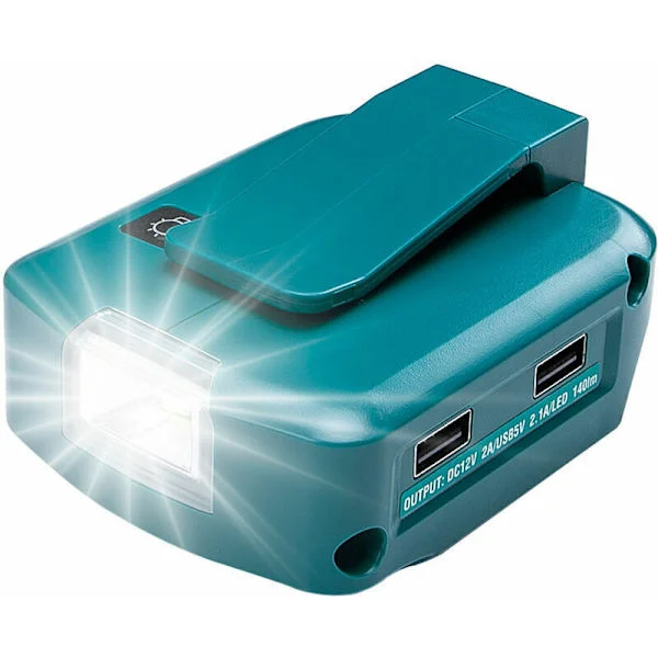 ADP05 strømforsyning til Makita 14-18V lithium-ION batteri, Carivent USB telefonopladeradapter med to USB-porte, 12V DC-port og 3W LED-lommelygte
