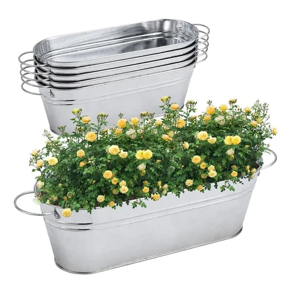 2-pakning galvaniserte blomsterpotter, galvaniserte ovale blomsterpotter, galvanisert bøtte med håndtak, metallbøtte blomsterpotter for innendørs og 