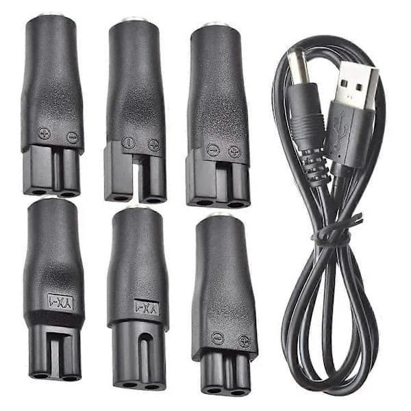 7-delt strømkabelsæt, 5V erstatningsoplader, USB-adapter, velegnet til elektriske hårklippere, skægtrimmere, barbermaskiner og skønhedsapparater.