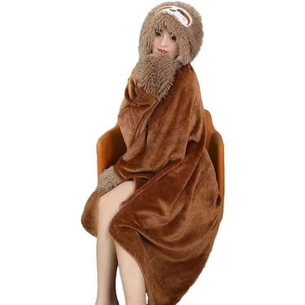 Sloth Bærbar Hettegenser-pledd Gave til Kvinner, Myk Søt Koselig Hettegenser-pledd, Koselig Flanell Kroppspledd, 155*125cm (Khakifarget)