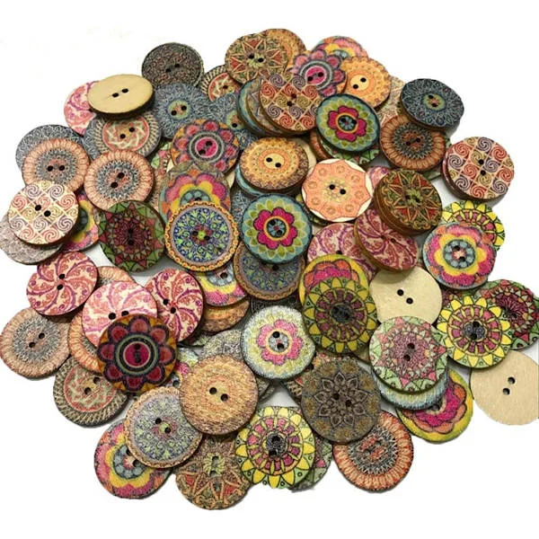 100 Pcs Wooden Buttons for Crafts, Mixed Vintage Round Knitting Buttons, Mixed Wooden Flower Buttons for Sewing DIY Craft Decorative (20mm)[GKS]