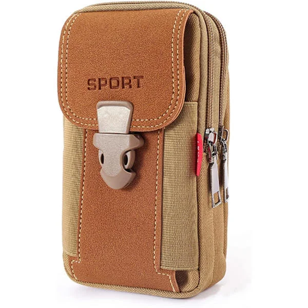 Sportväska för män för mobiltelefon, midjeväska i canvas med integrerad plånbok, avslappnad sportväska för mobiltelefon (khaki, B)