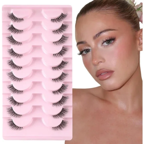 Lösögonfransar med transparent band, halva fransar, naturlig look, 10 par kattögon, tunna lösögonfransar
