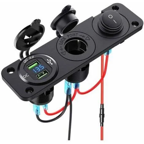 12V - 24V Dobbel QC3.0 Sigarettennerfordeler med LED-skjerm, Voltmeter, USB-plugg, Vanntett Bryter - for Bil, Båt, Motorsykkel, Lastebil.