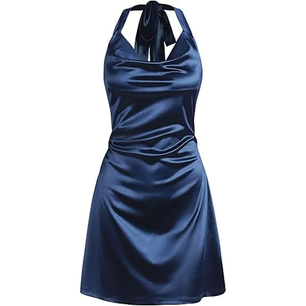 Kvindes Halterneck Satin Mini Kjole Sexy Silke Kjole