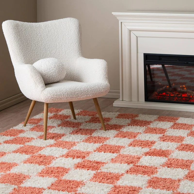Chessie 100X160 Liten Korallröd/Off White Rutig Matta
