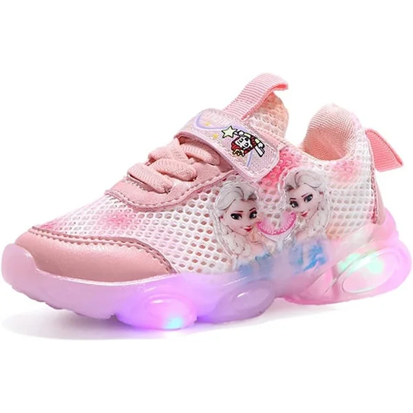 Princess Elsa Blinkesko for jenter barn LED Sneakers Lett Mesh Rosa Rosa Pink 25
