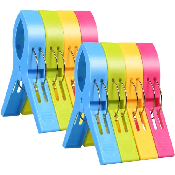 8 strandklemmer - Slitesterke, store, fargerike plastklemmer - for håndklær, dyner, laken, duker - 12 cm