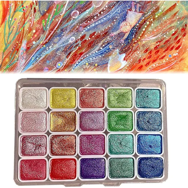 20 Väriä Vesivärimaalauksen Sarja, Metalliset Glitter Kiinteät Vesivärit Piirustus Tarvikkeet Matkustava Taidepakkaus Opiskelijoille & Harrastajille