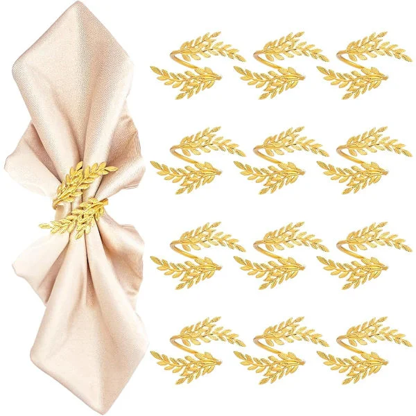12 Pcs Napkin Rings, Gold Napkin Rings for Table Setting Gold Leaf Napkin Rings for Dinner Anniversary, Birthday, Holiday, Party, Wedding Table 