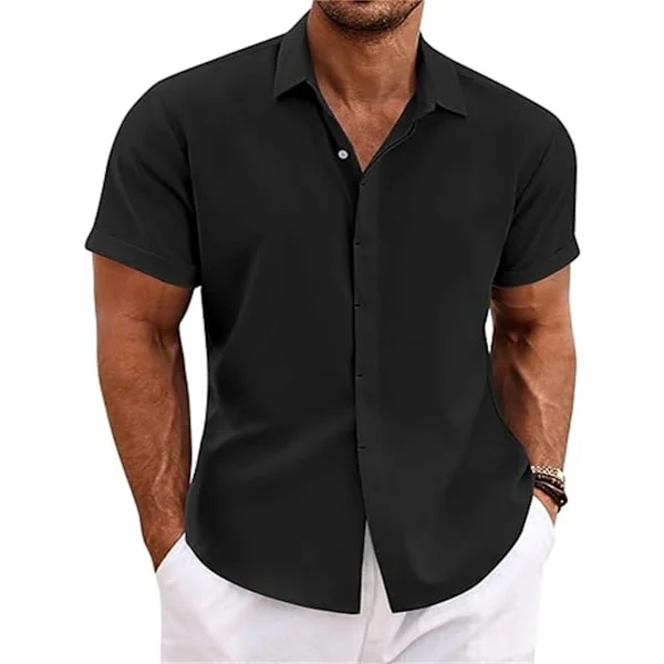 Linneskjortor för män Kortärmade vardagsskjortor Button Down-skjorta för män Strand Sommar Svart