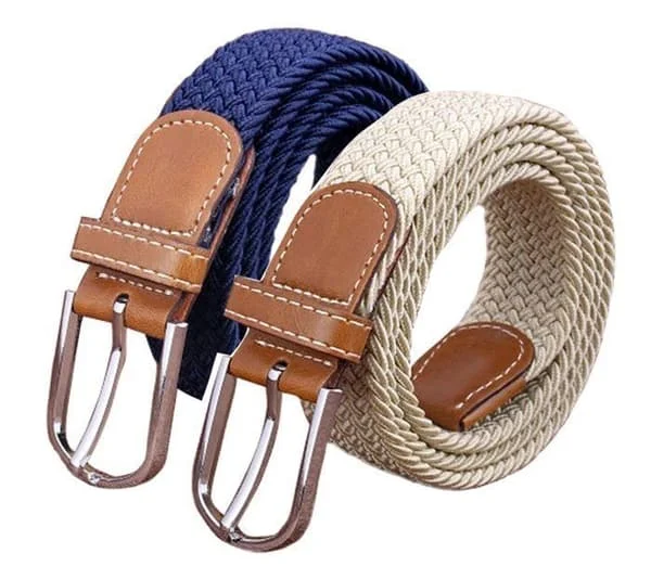 Dam Bälte Set Casual Flätade Elastiska Tyg Bälten, Vävda Stretch Elastiska Bälten, Marinblå, Beige
