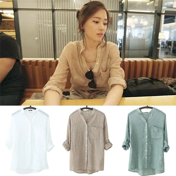 Women's Autumn Tops Linen Button Loose Casual Work Shirt L White-tfrf