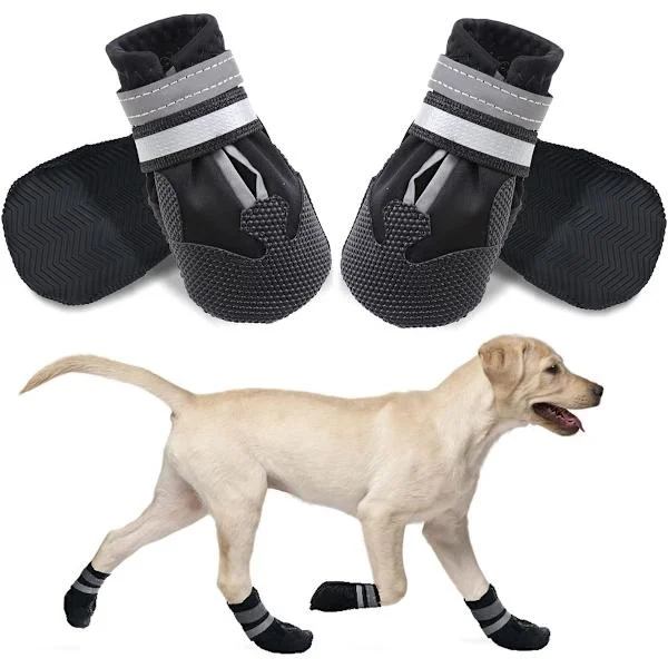 Waterproof Dog Boots with Fleece Lining, Non-Slip Rubber Sole, and Reflective Straps, Paw Protection for Winter Walks, Black XL Set of 4