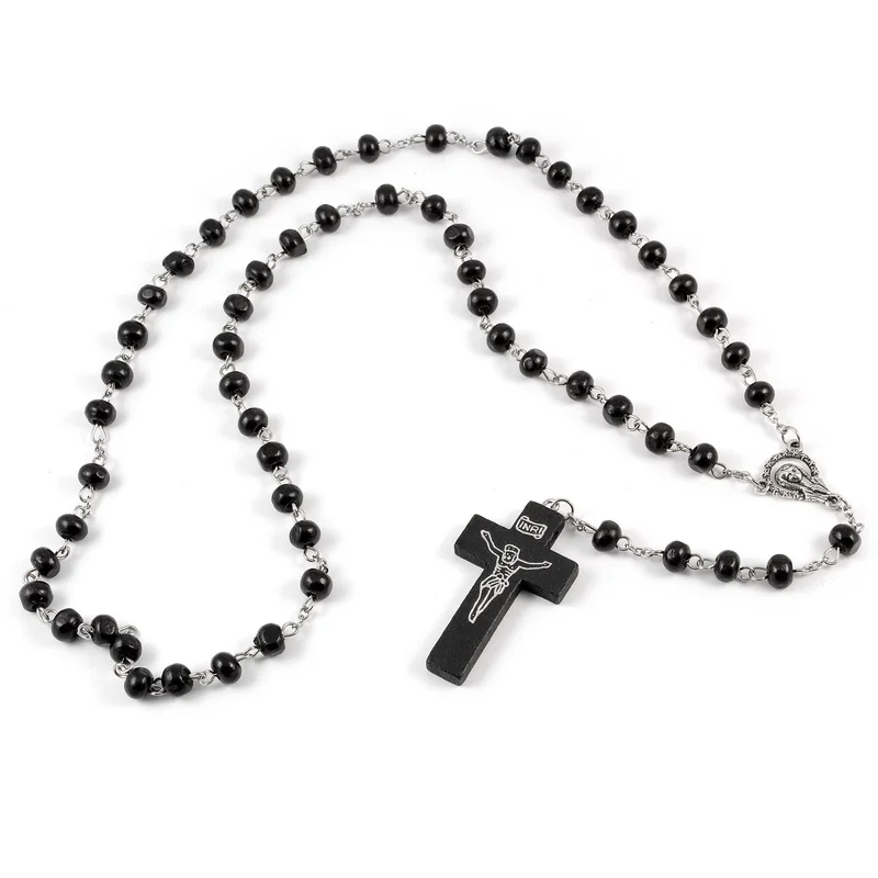 Collar de Rosario con cruz madera negro para hombres - Rosarios
