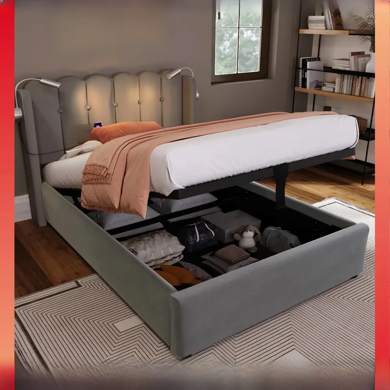 AliExpress - Upholstered bed frame 140x200cm with charging function double reading lamp with storage space at the headboard velvet upholstery