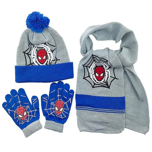 3 st Barn Pojkar Flickor Spiderman Mössa Halsduk Vantar Spider-man Höst Vinter Varma Stickade Set 3-8 År [DB]