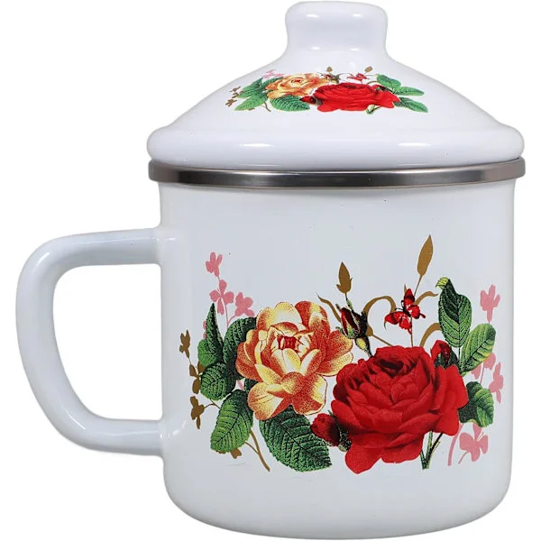 Emaljmugg med lock och handtag Stor retro av robust material för kaffe te vatten Mångsidig vintage dricksmugg utomhus hemma -