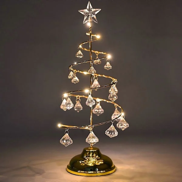[KK] Jul Kristallgran Lys 33 cm Bordjuletre Dekorasjon Juletrelys med LED og Krystallanheng Jul (Gull)