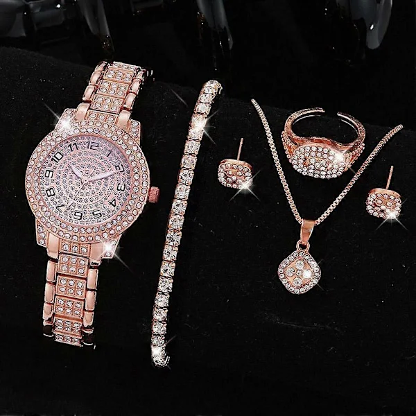 Mote Luksus Full Krystall 5 Stk Klokke Halskjede Øredobber Sett for Kvinner Rhinestone Dame Armbåndsur Klokke Dame Armbånd