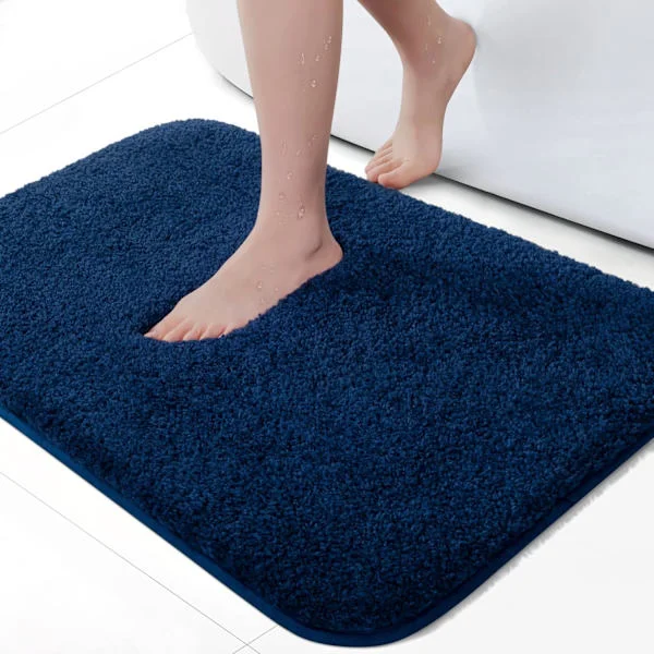24" x 16" Non-Slip, Durable Soft Bathroom Rug, Machine Washable Absorbent Microfiber Bath Mat, Dark Blue