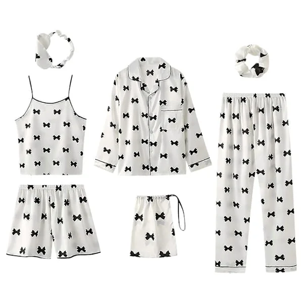 7 Delar Dam Pyjamas Set Faux Siden Pyjamas Dam Pyjamas Sovkläder Set Vår Sommar Hemmakläder Nattkläder Set Dam Bekväm Bomull GåvaXLstyle2