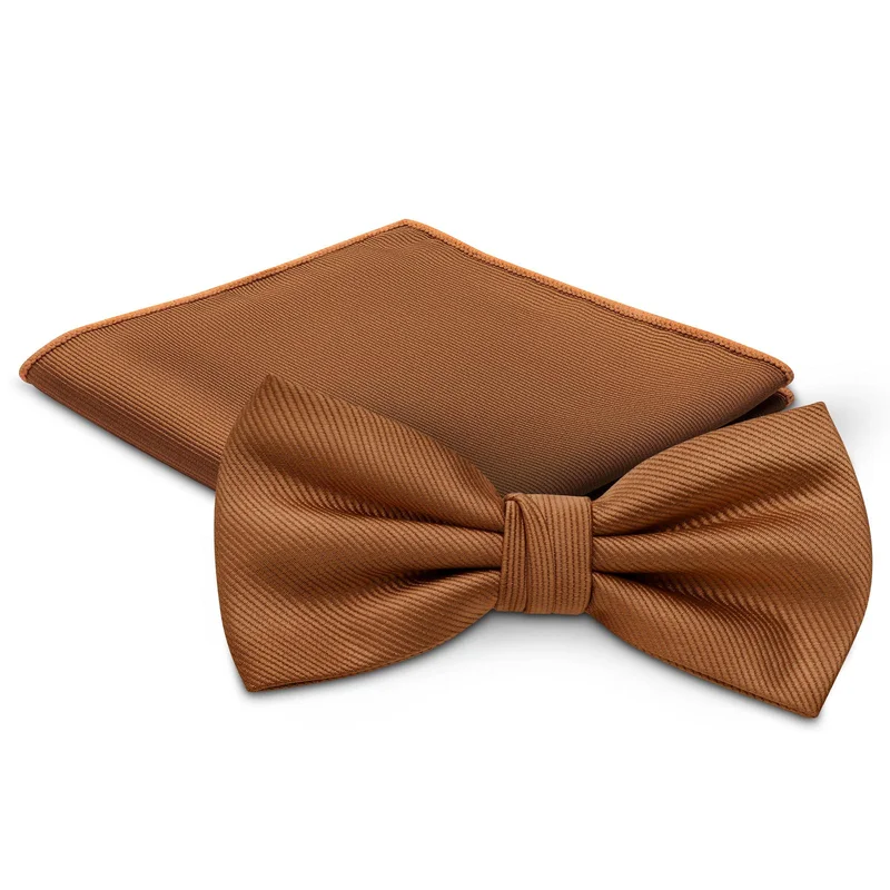 Cognac Pre-Tied Bow Tie and Pocket Square Set for Men - Bow Tie Sets