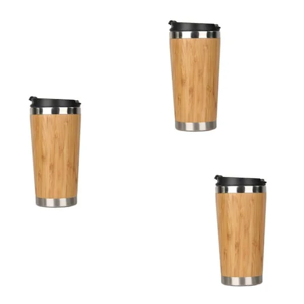 3X 450 ml bambus kaffekopp rustfritt stål kaffereisekrus med lekkasjesikkert lokk isolert kaffekopp